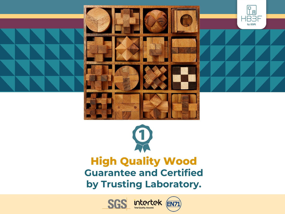 BSIRI wooden brain teaser pieces closeup with smooth finish for tactile satisfaction