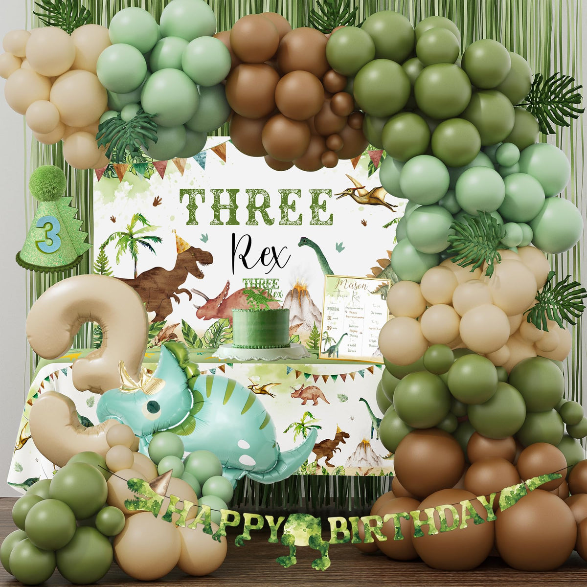 BSMIEFUS Three Rex Backdrop creates a photo-ready dinosaur party backdrop.
