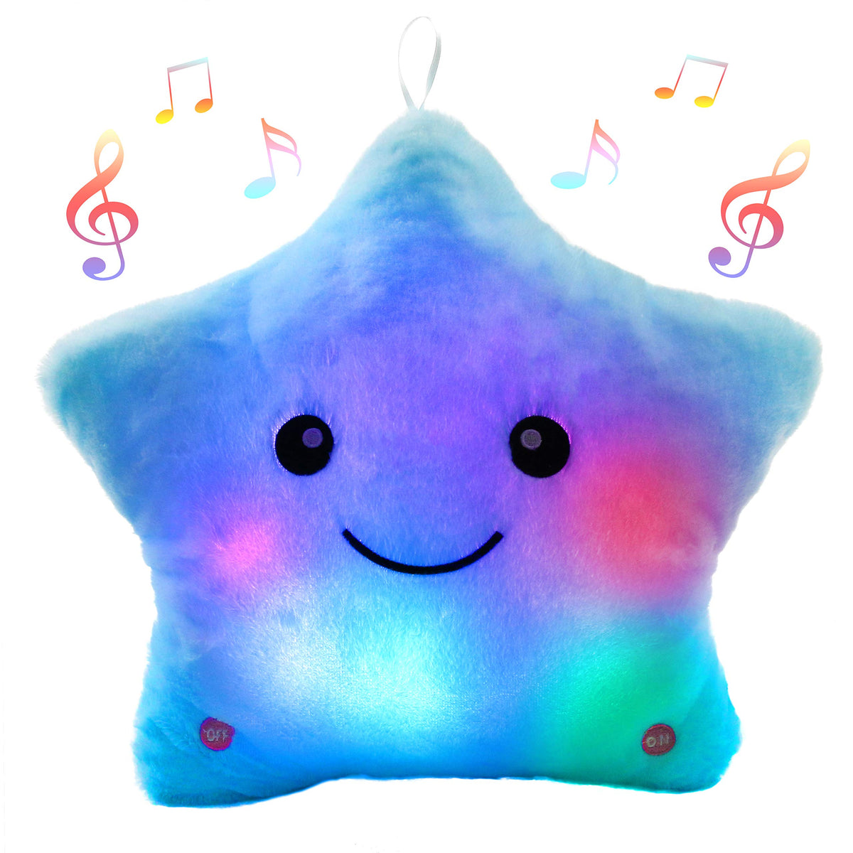 BSTAOFY 13-inch musical glow star pillow emits lullabies to soothe bedtime.
