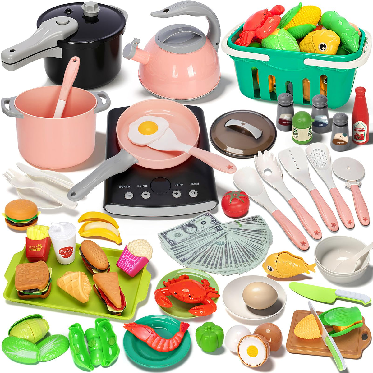 Bstoyder 168Pcs play kitchen induction cooktop with lights for realistic pretend cooking.
