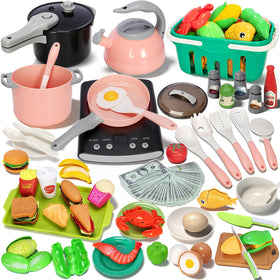 Bstoyder 168Pcs play kitchen induction cooktop with lights for realistic pretend cooking.