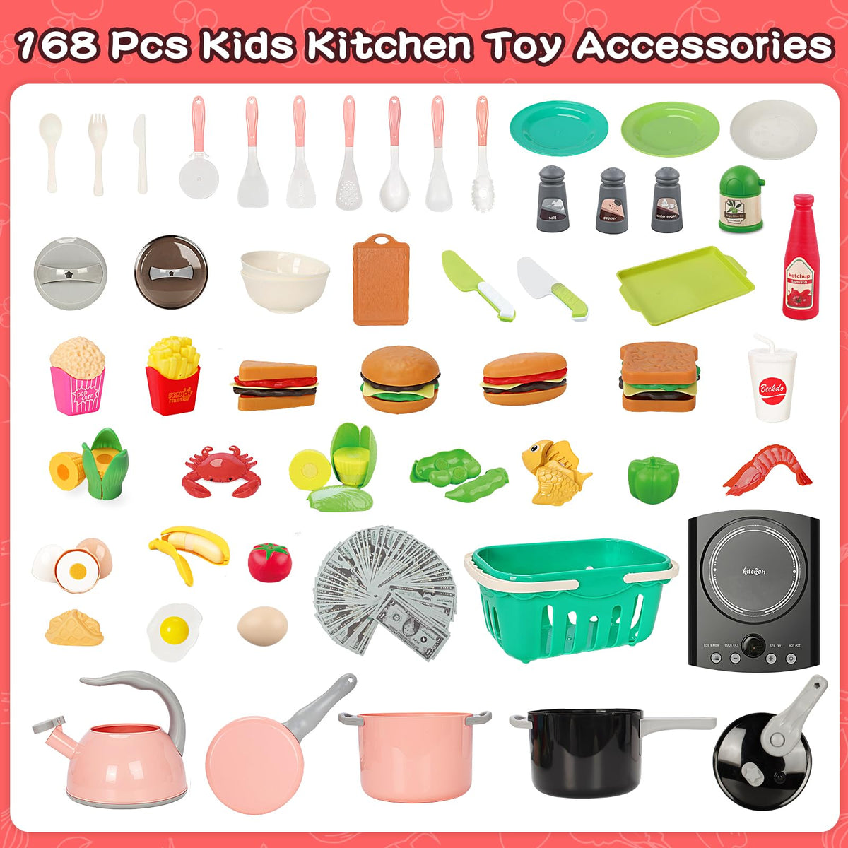 Bstoyder 168Pcs play kitchen pots and pans set fosters imaginative play and cooking exploration.