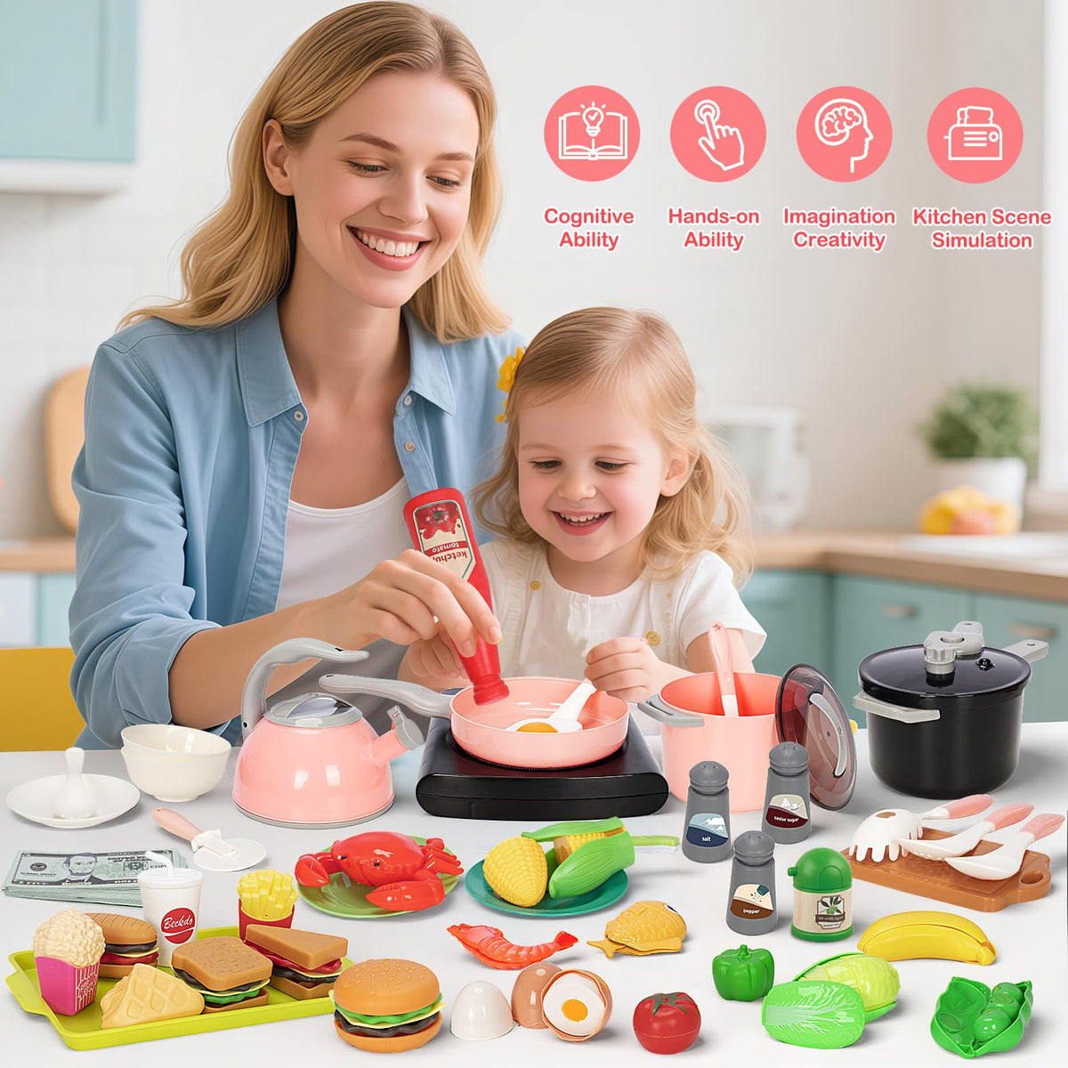 Bstoyder 168Pcs play kitchen shopper basket doubles as a pretend cart for easy shopping.