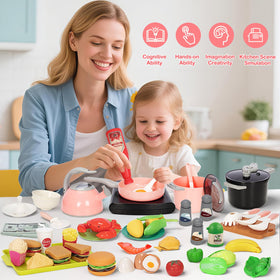 Bstoyder 168Pcs play kitchen shopper basket doubles as a pretend cart for easy shopping.