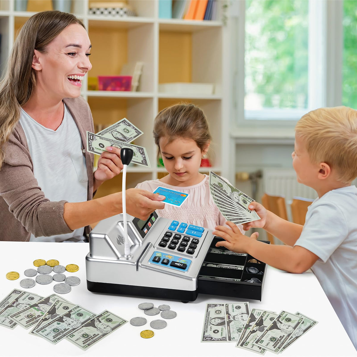 Bstoyder Calculator Cash Register toy buttons for intuitive math exploration and dexterity.