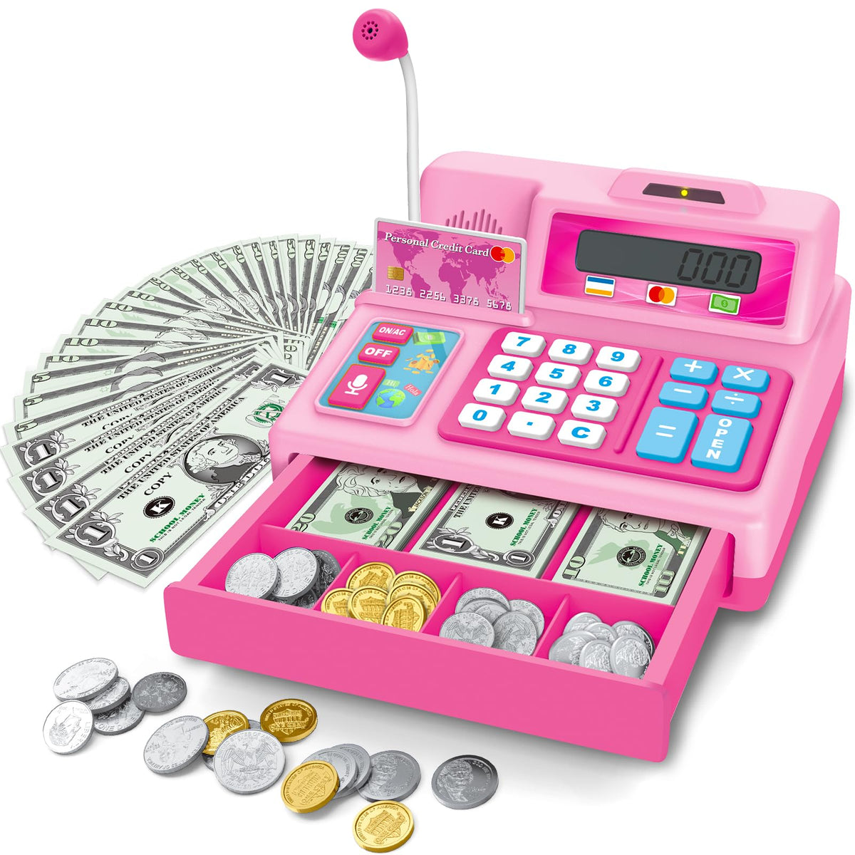 Bstoyder Calculator Cash Register Toy Pink enhances early counting and pretend shopping play.