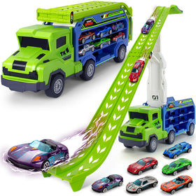 Bstoyder carrier truck toy with foldable 2-layer track for on-the-go play.