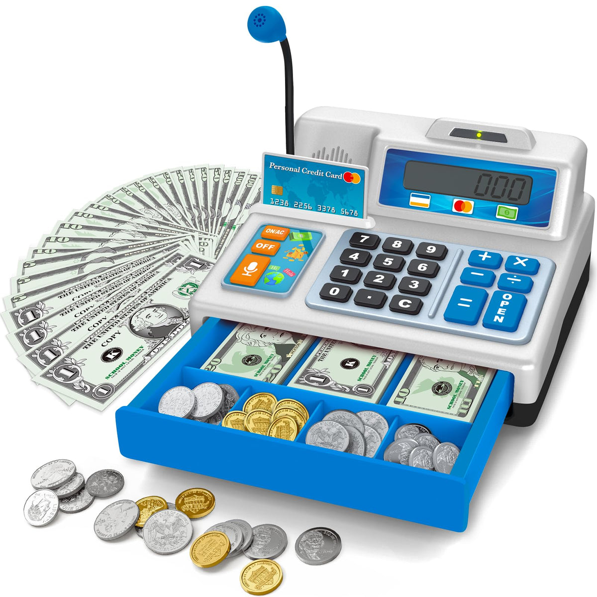 Bstoyder cash register with microphone and light effects for interactive pretend shopping.