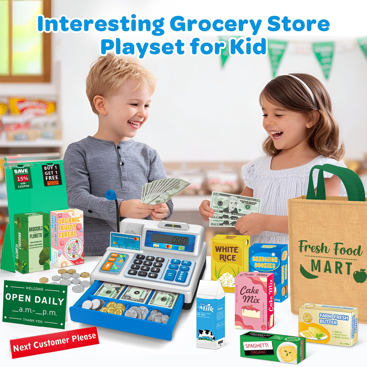 Bstoyder grocery boxes and bags organize tidy pretend-store play.