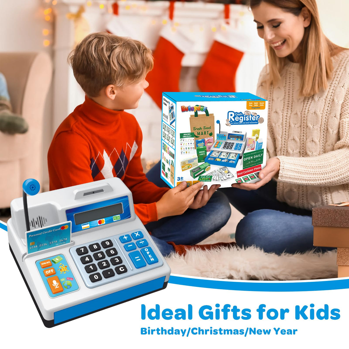 Bstoyder shopping bag completes the pretend checkout experience.