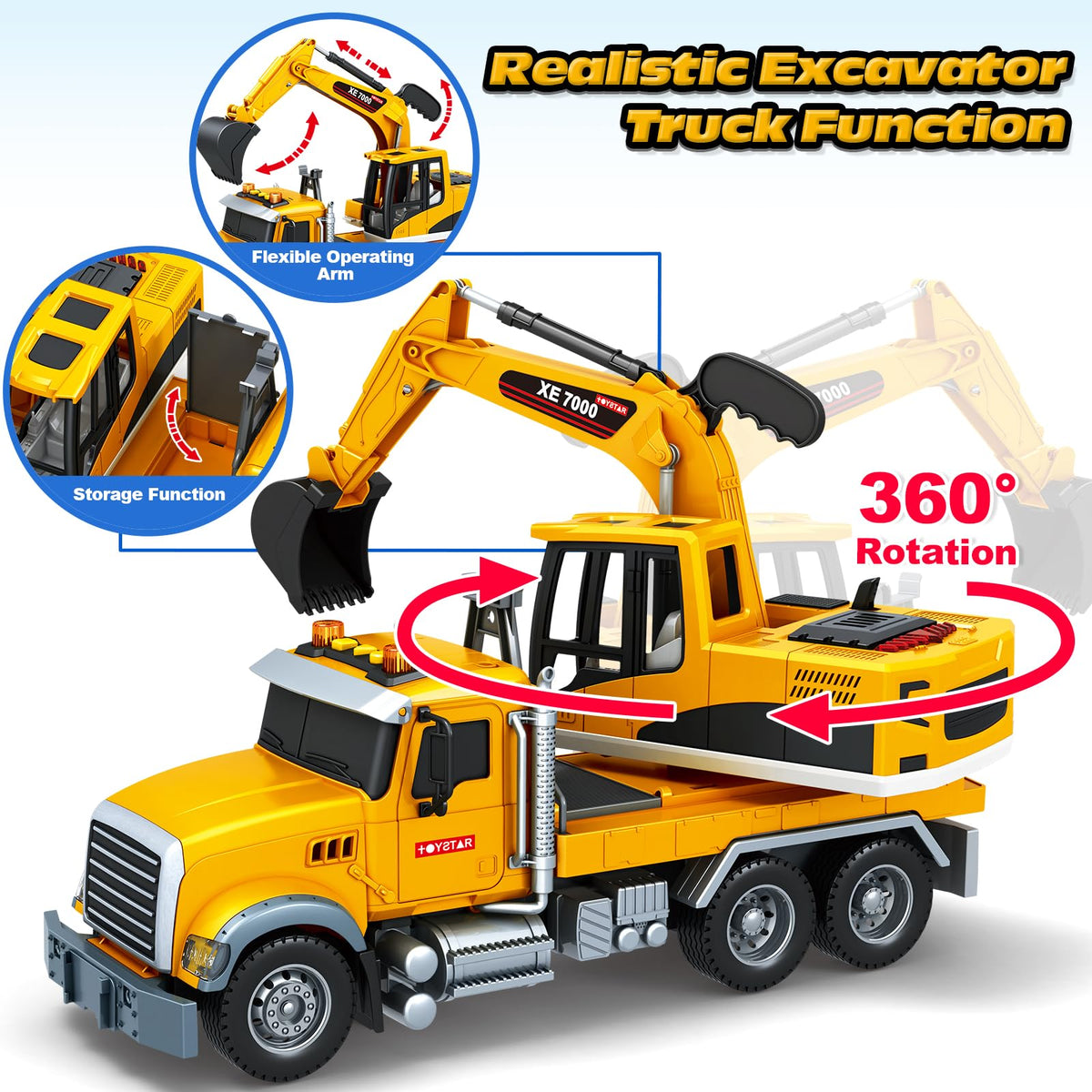 Bstoyder excavator arm action showing 360° rotation for imaginative construction play