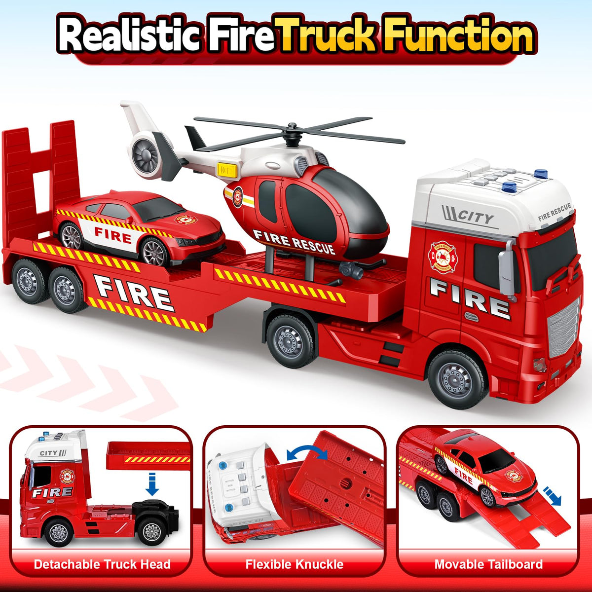 Bstoyder fire truck with rotating helicopter propeller provides lights and sounds for immersive action.