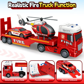 Bstoyder fire truck with rotating helicopter propeller provides lights and sounds for immersive action.