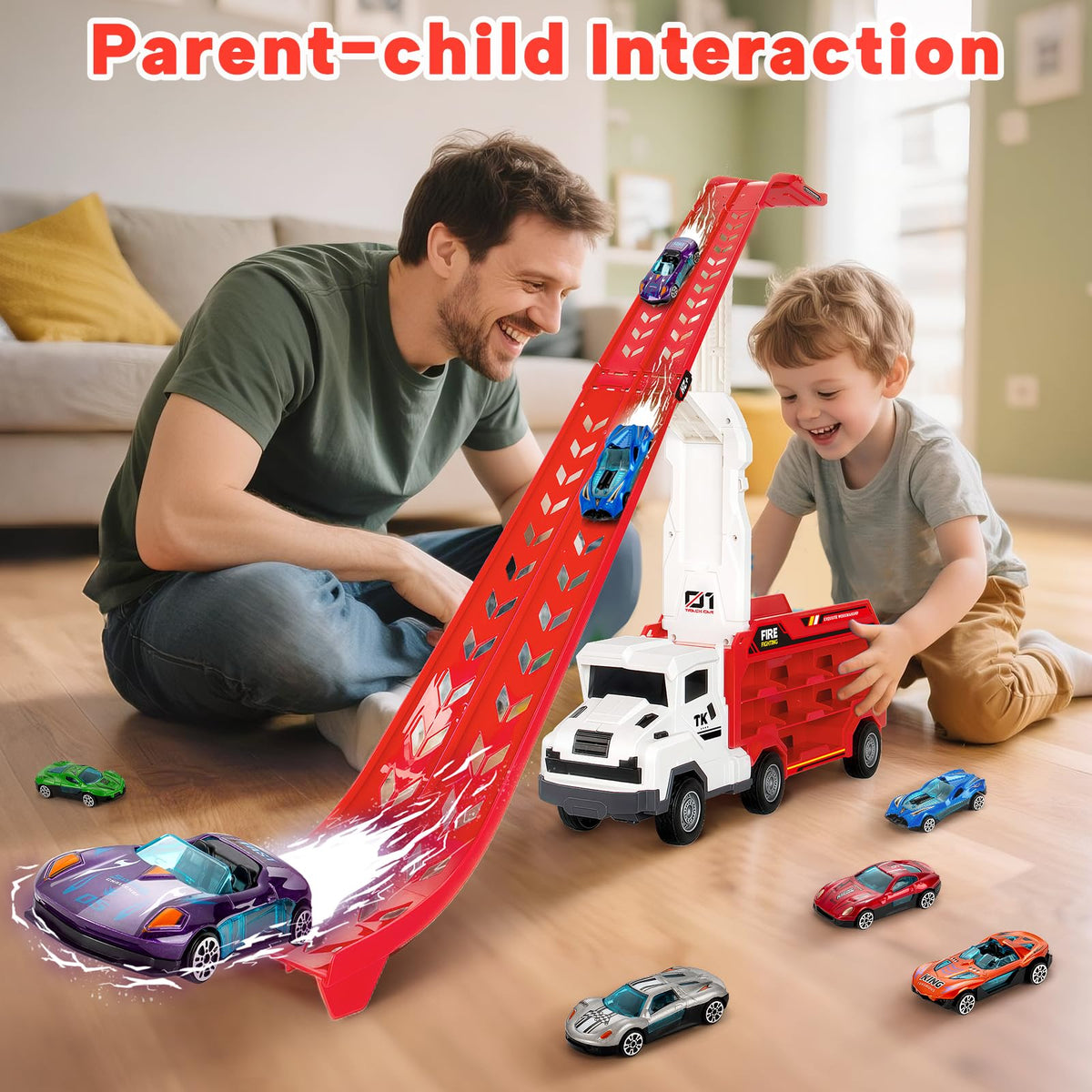 Cars slide from the front grille for dramatic play on the Bstoyder truck