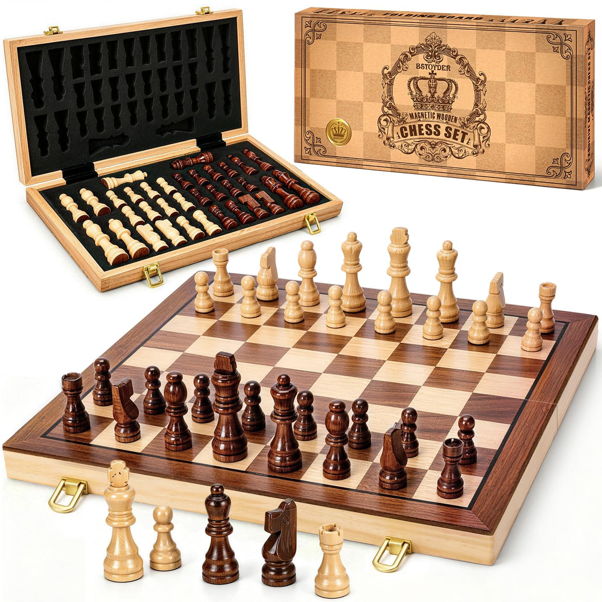 Bstoyder magnetic wooden chess board in a 15-inch folding design for travel.