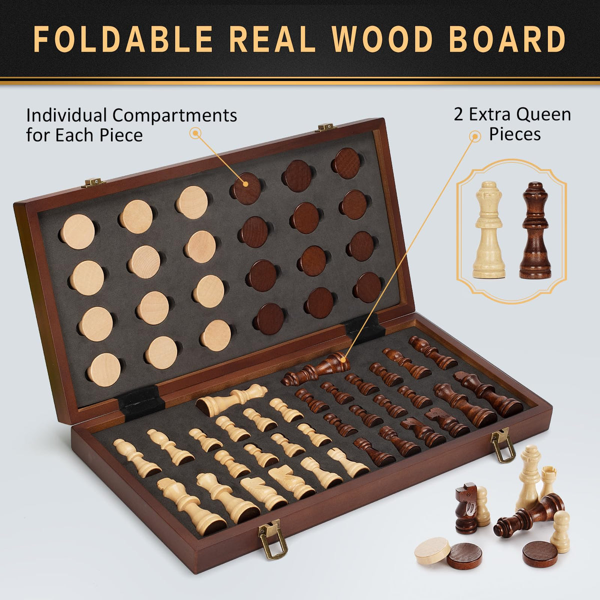 Bstoyder premium wooden chess pieces close-up with smooth finish