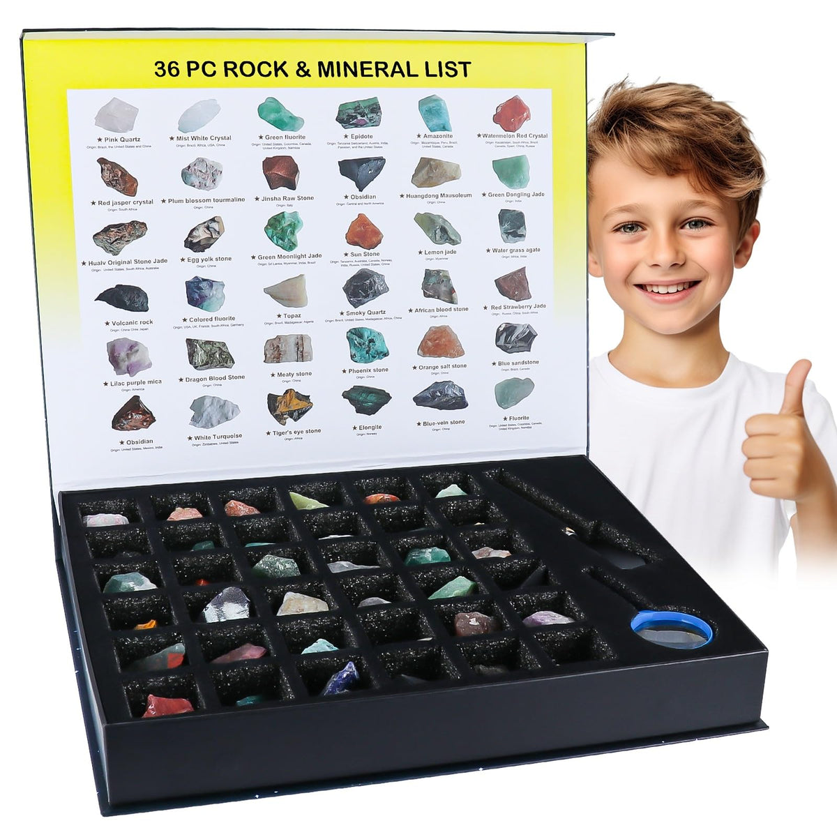 BTYCityMao 36-piece gemstones and crystals laid out for hands-on learning and exploration