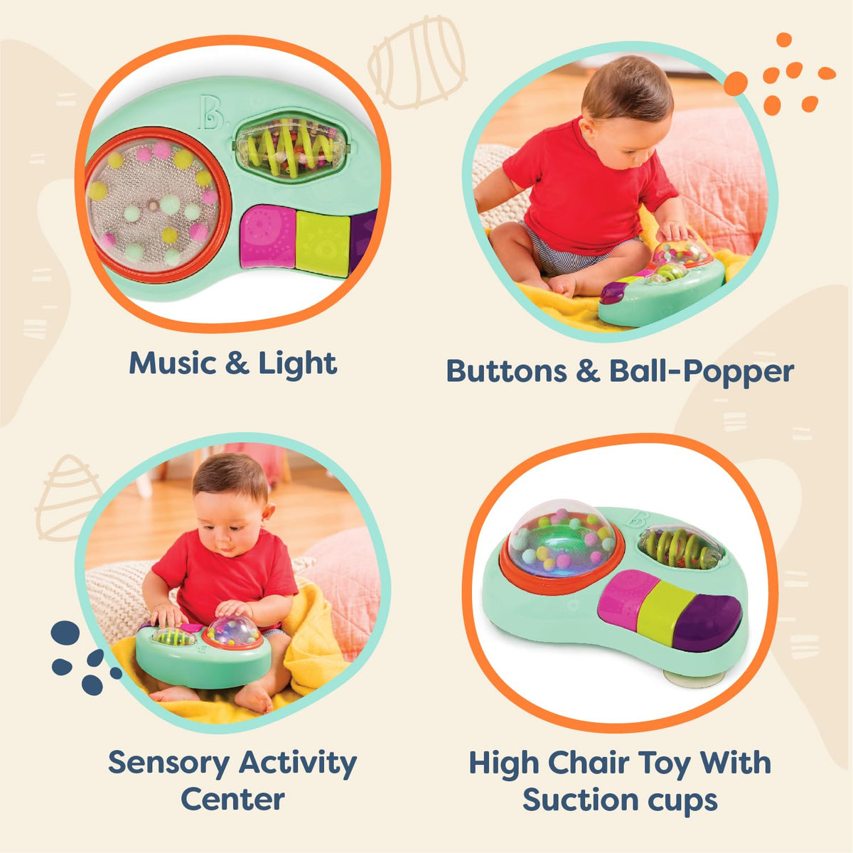 B. toys Whirly Pop musical buttons producing nursery tunes