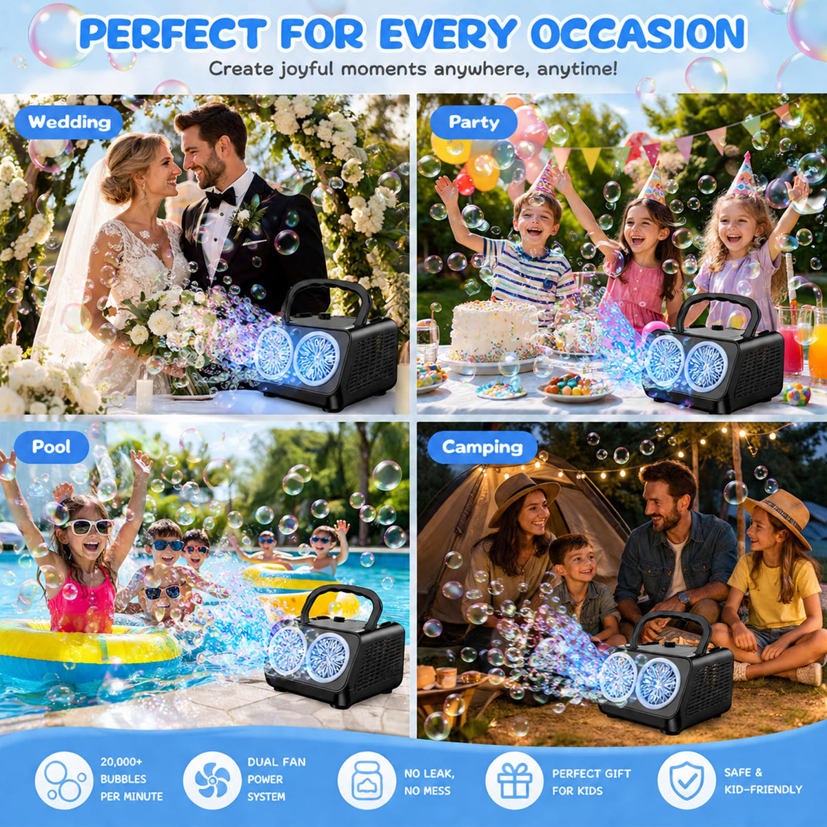 Bttyu bubble machine delivers a 20k+ bubble storm for events.