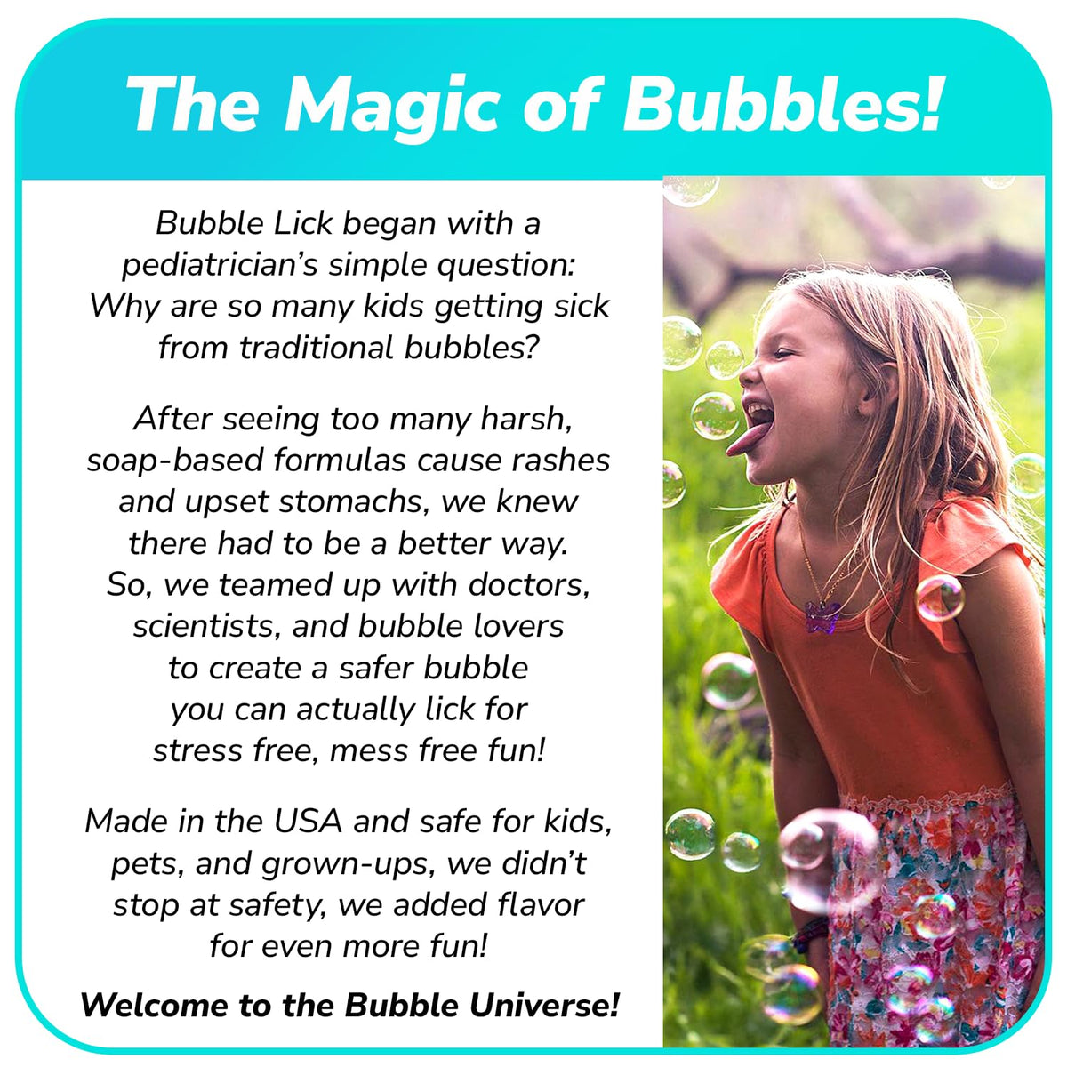 Bubble Lick safe-flavor bubbles offer scent-driven engagement without mess.
