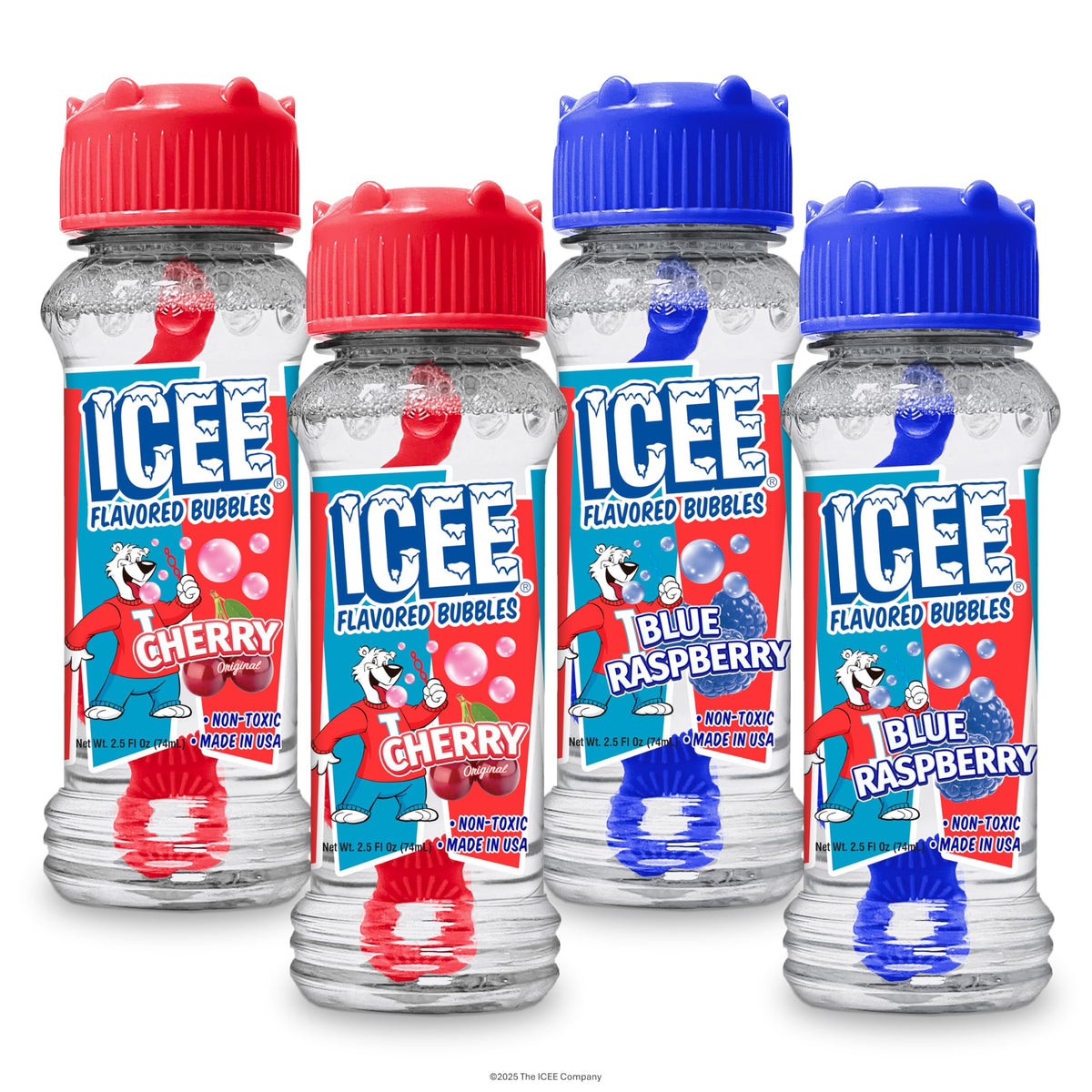 BubbleLick ICEE Bubbles 4-Pack showing two Red Cherry and two Blue Raspberry bottles for family fun