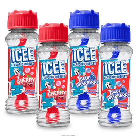 BubbleLick ICEE Bubbles 4-Pack showing two Red Cherry and two Blue Raspberry bottles for family fun