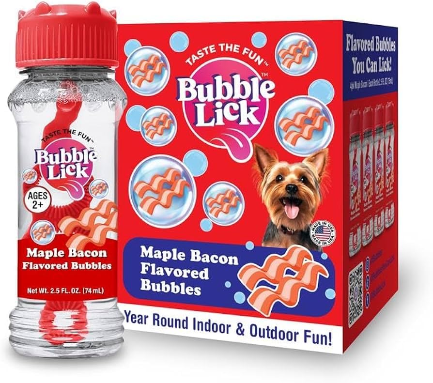 Bubble Lick Maple Bacon Bubbles for dogs; engaging enrichment with less mess
