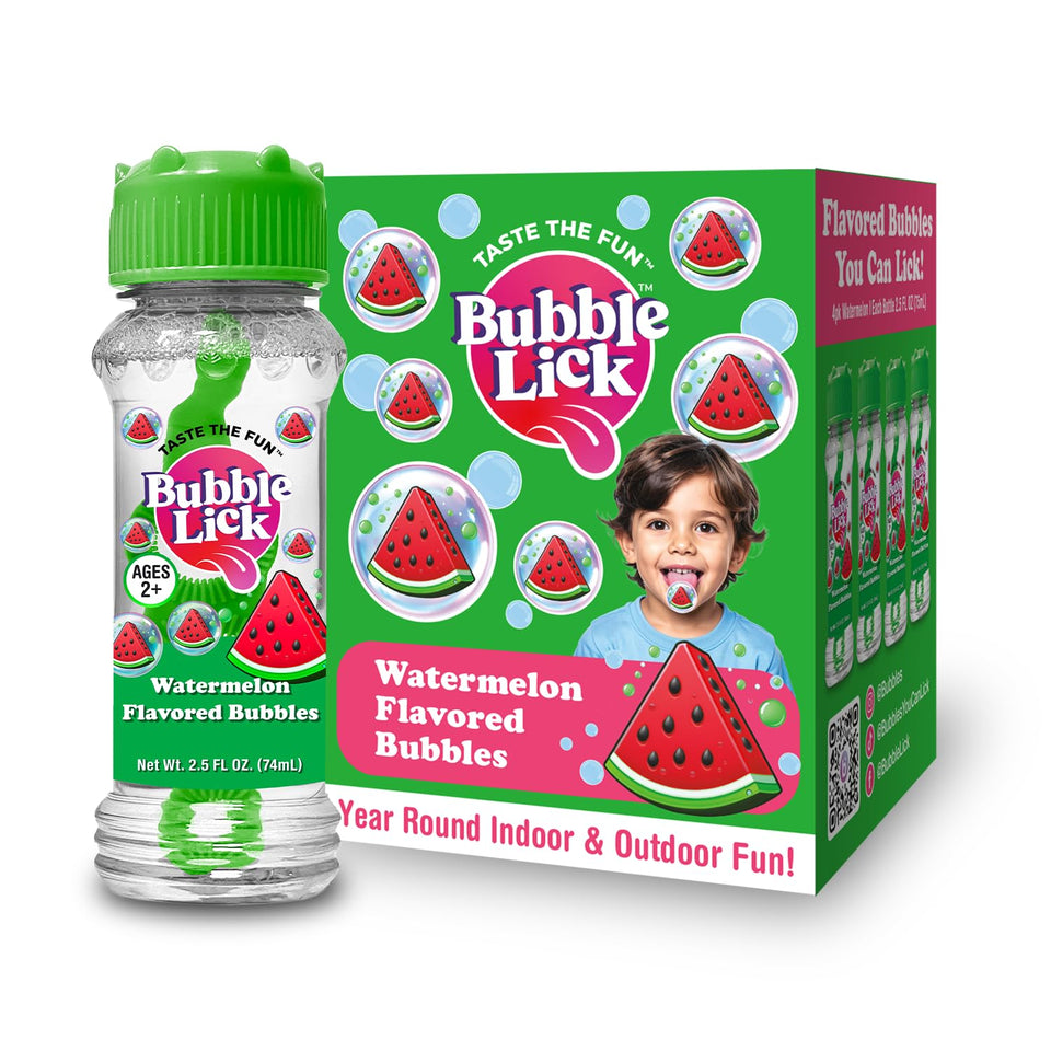 Bubble Lick Watermelon Bubbles 4-pack front view, safe-to-lick play