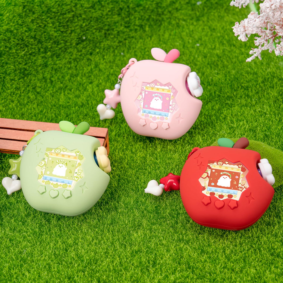 Bubblelogus 4-in-1 kit image showcases apple-inspired design for Tamagotchi Paradise protection.