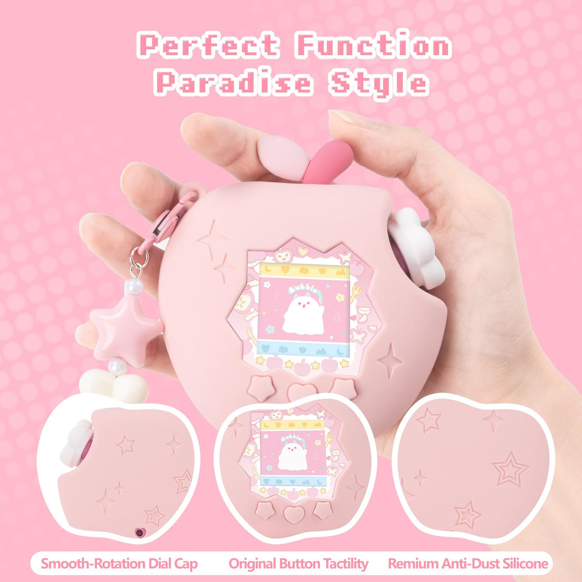 Bubblelogus flower dial cap improves grip and preserves button click on Tamagotchi Paradise.