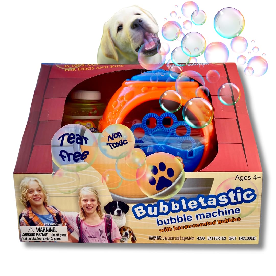 Bubbletastic Bacon Bubble Machine in action with a dog enjoying bacon-scented bubbles.