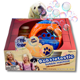 Bubbletastic Bacon Bubble Machine in action with a dog enjoying bacon-scented bubbles.