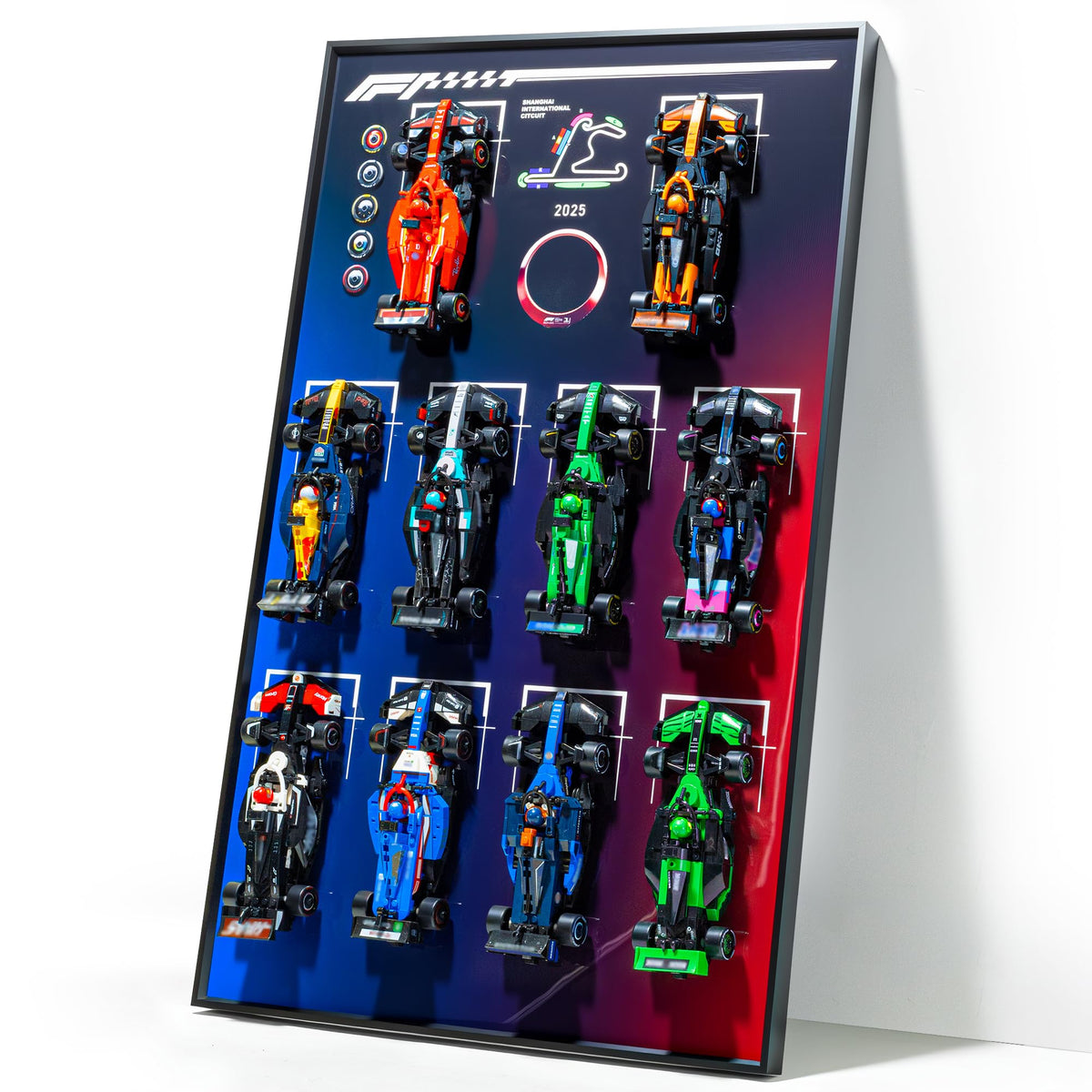 Bublacces wall-mount for Lego Speed Champions display showcasing F1 models on gradient finish