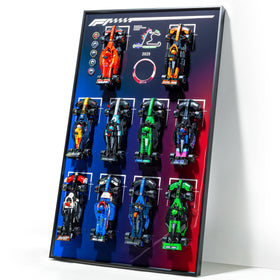 Bublacces wall-mount for Lego Speed Champions display showcasing F1 models on gradient finish