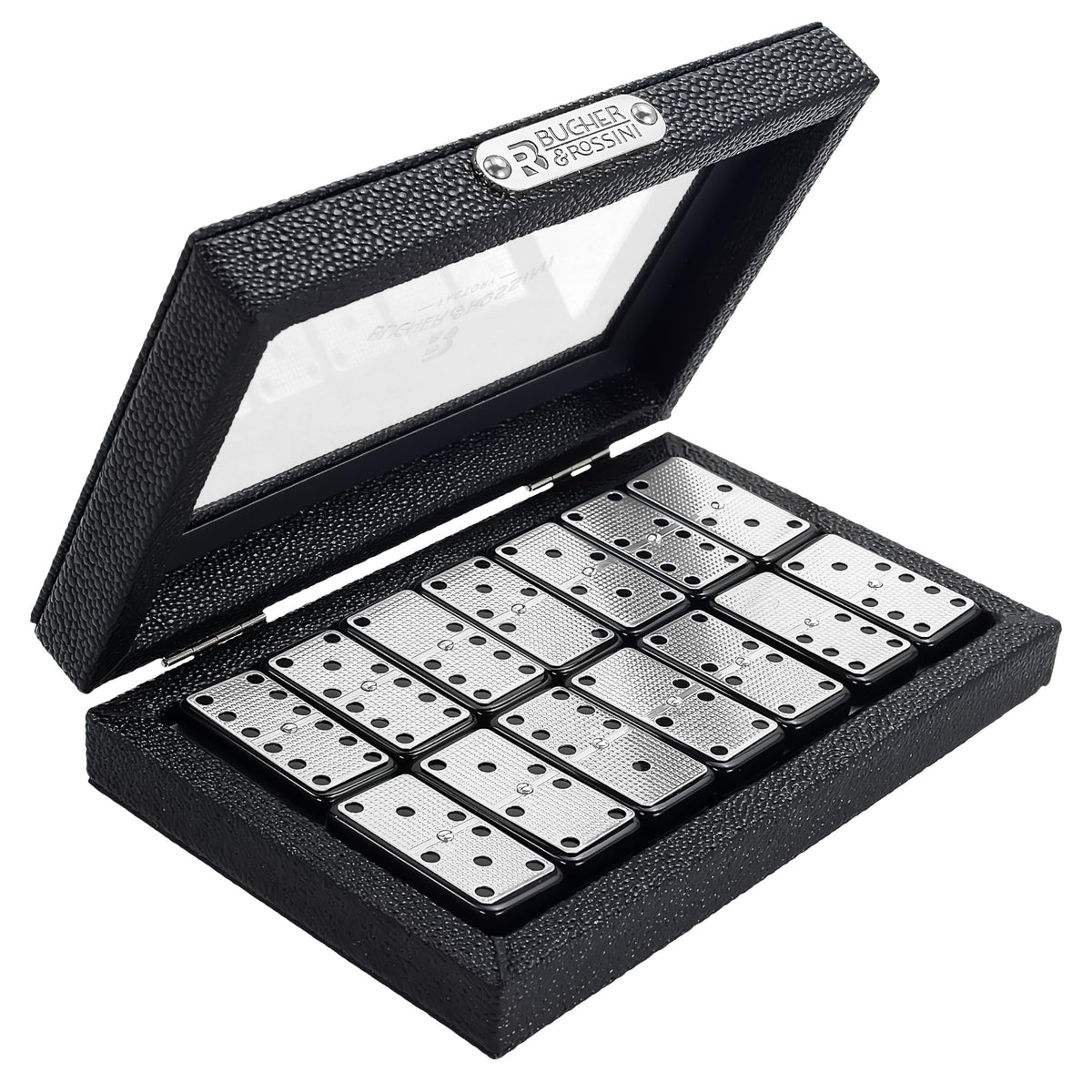Bucher&amp;Rossini domino tiles with metal surface and black finish for premium game nights