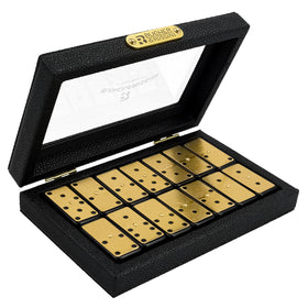Bucher&Rossini metal dominoes double six set on table with gold finish for durable play