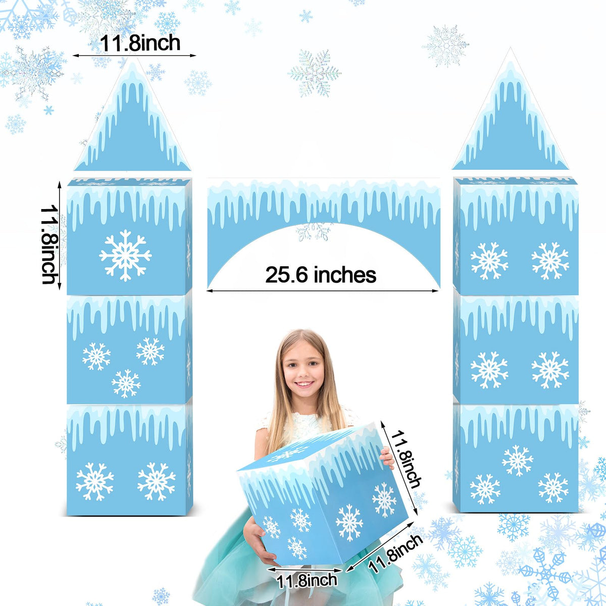 Bucherry blue castle topper highlights centerpiece with magical winter vibe.