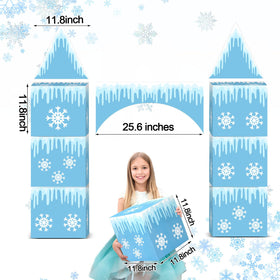 Bucherry blue castle topper highlights centerpiece with magical winter vibe.