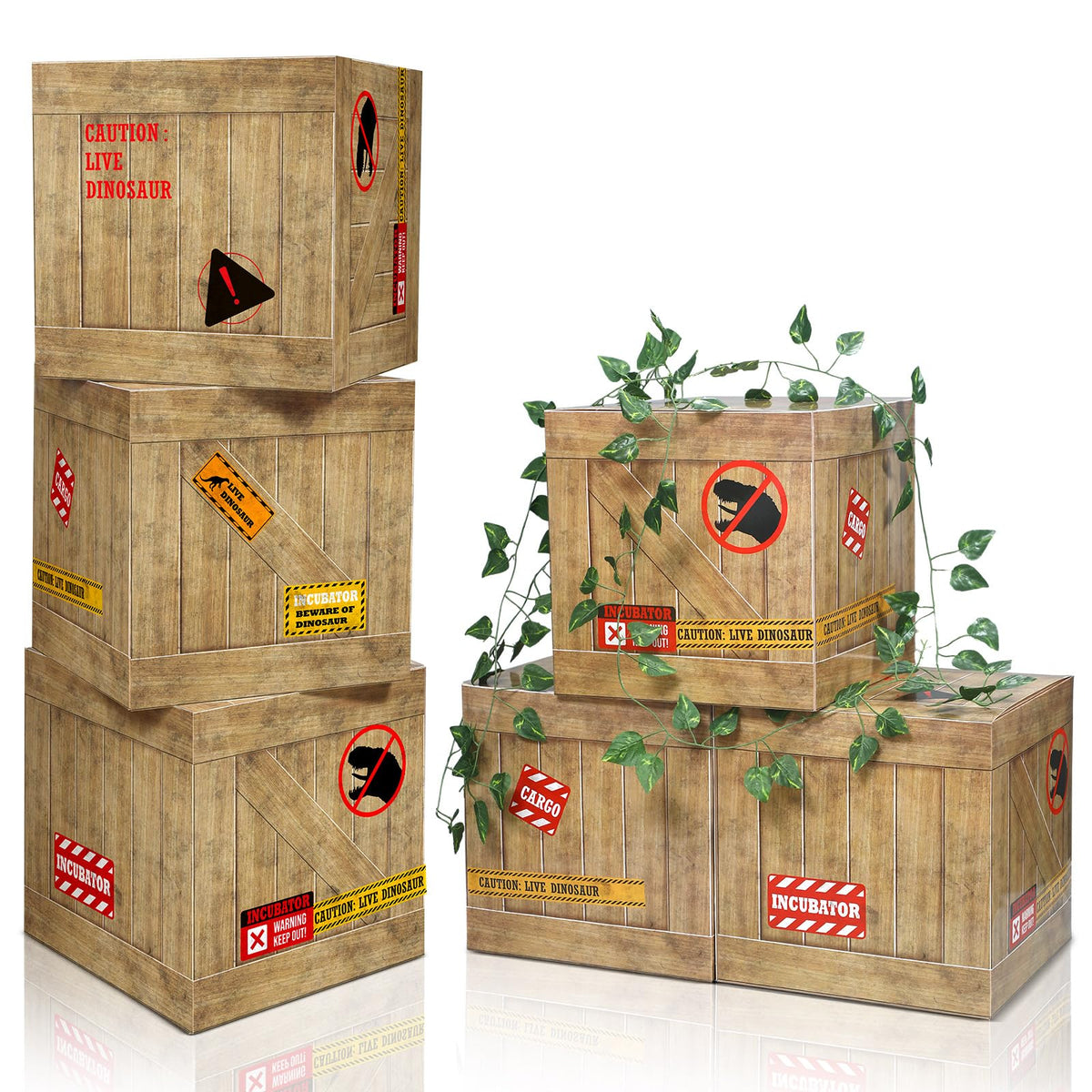 Bucherry dinosaur boxes feature rustic crate design for dramatic centerpieces.