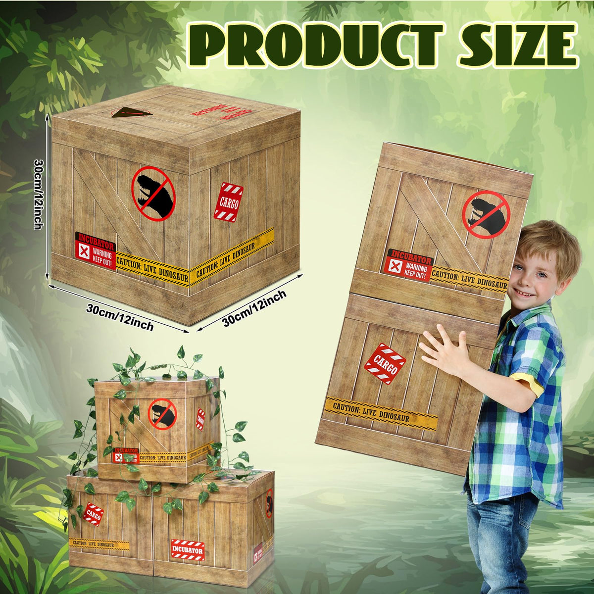 Bucherry dinosaur boxes with caution signage add playful drama to tables.