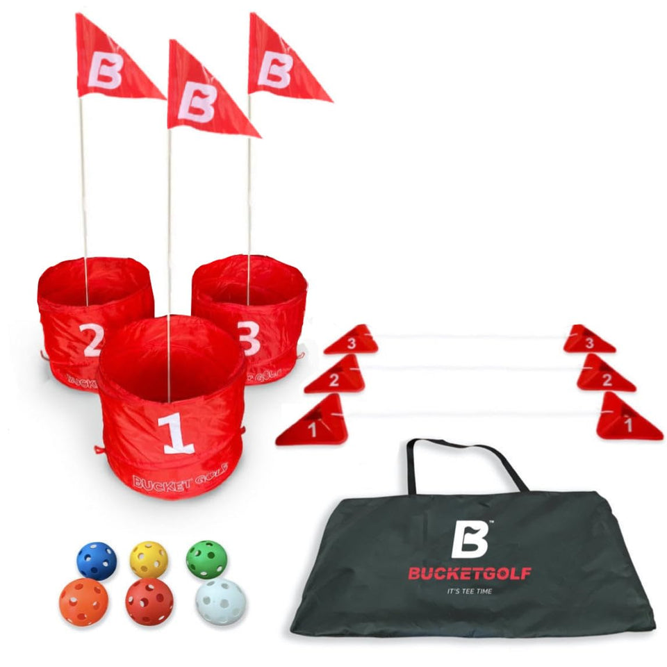 bucketgolf Original Game in-hand demonstrates portable travel set for quick backyard fun.