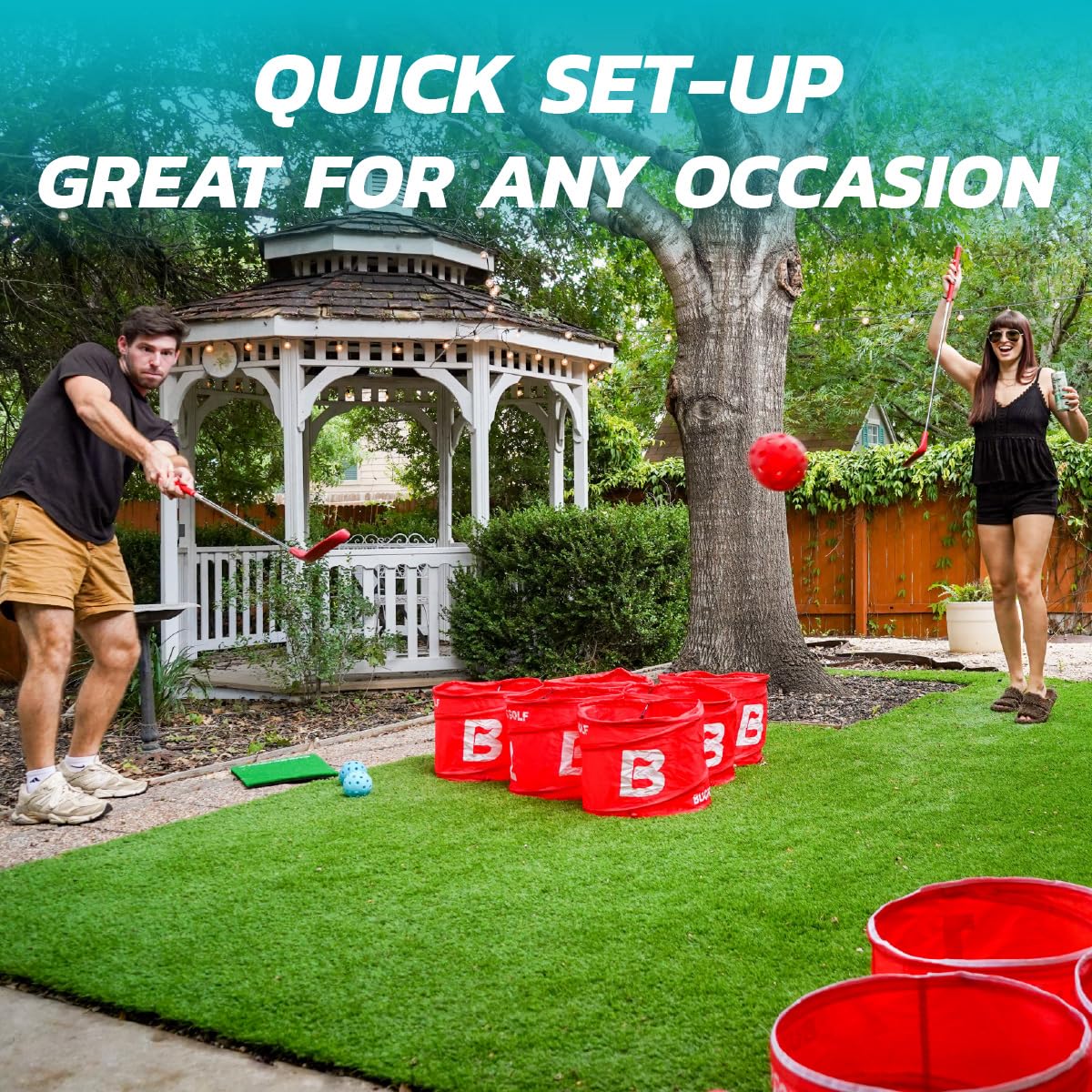 BucketGOLF PopPong collapsible clubs packed for easy transport to events.