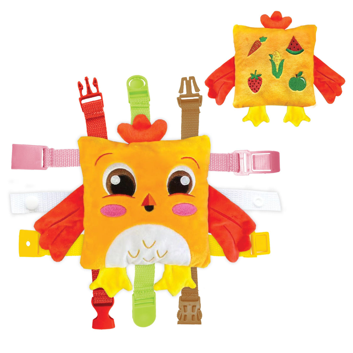 BokBok Chicken buckle toy with five buckles develops fine motor skills.