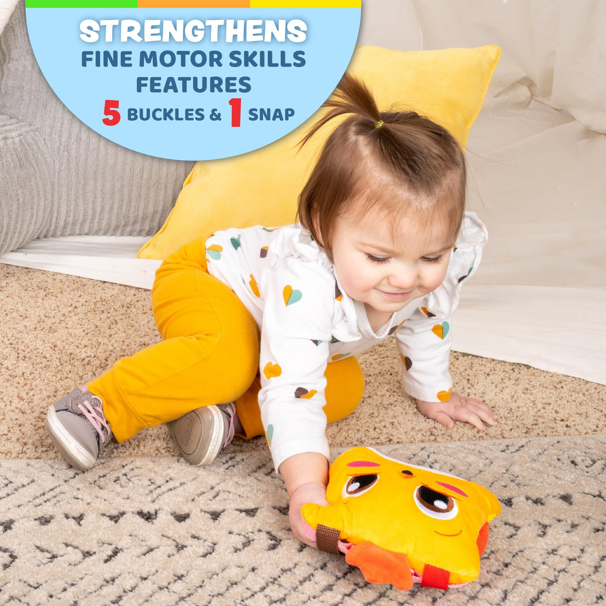 BokBok Chicken buckle toy shows snap closure for easy play.
