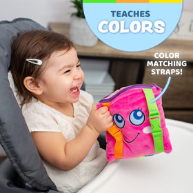 Buckle Toys Bella Square color-matching straps for early sorting and tactile play.