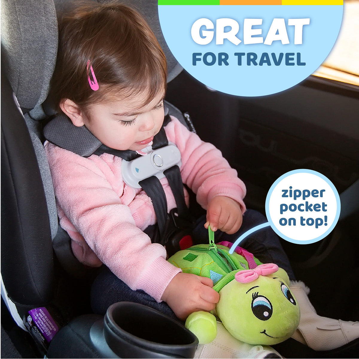Buckle Toys Belle Turtle zipper-pocket adds interactive storage during travel