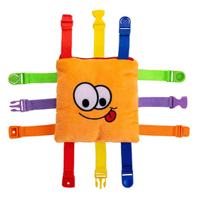 Bizzy Square learning toy by Buckle Toys with colorful buckles for motor skills