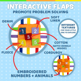 Soft orange plush design of Bizzy Square supports quiet play and problem solving
