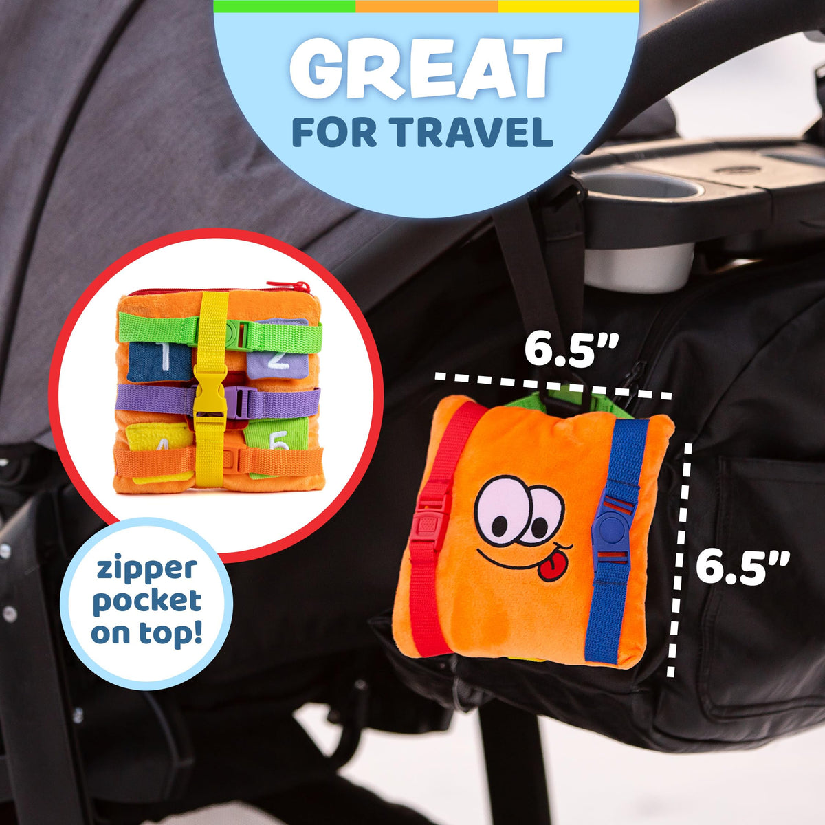 Six colorful buckles with varied clasps for hands-on learning
