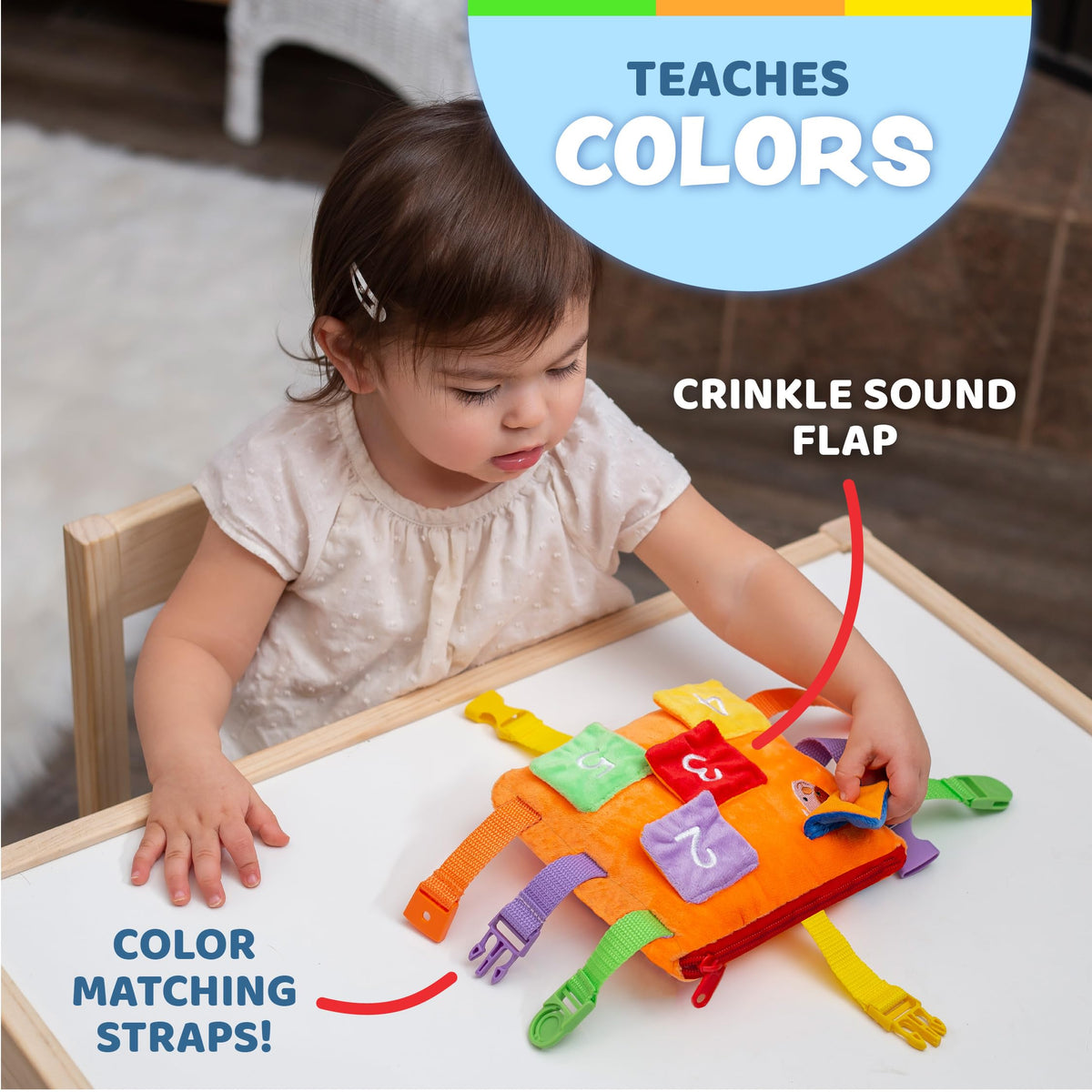 Travel clip keeps Bizzy Square secure on stroller or car seat